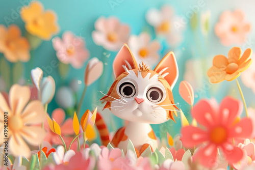 3D illustration of cute cat and summer flowers. Greeting card.