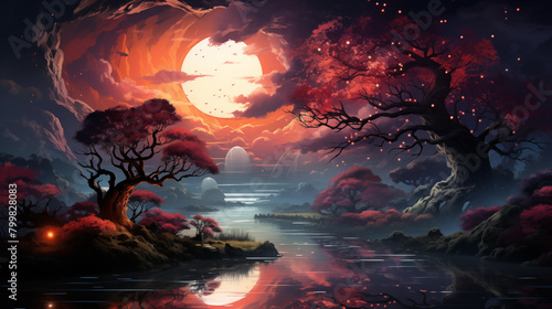 Fantasy sunset in the forest
