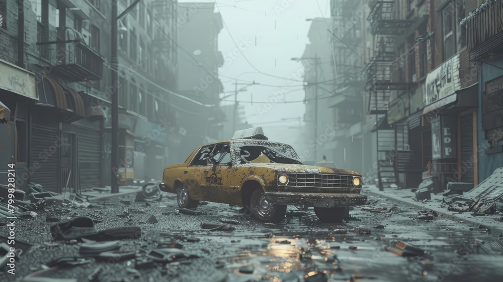 A lone yellow taxi drives down a deserted city street. A lone yellow taxi drives down a deserted city street.