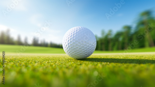 Golf ball on grass in fairway green background. Sport and athletic concept. 3D illustration render