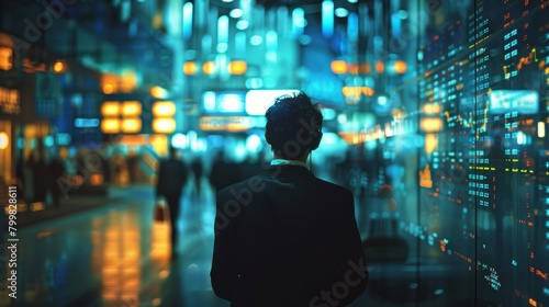 A man in a suit looking at a large screen with a lot of data on it. © Sodapeaw
