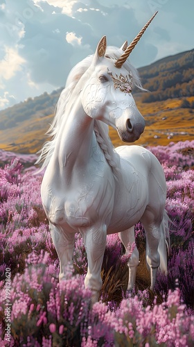 Magnificent White Unicorn in Enchanting Floral Meadow with Mountain Landscape