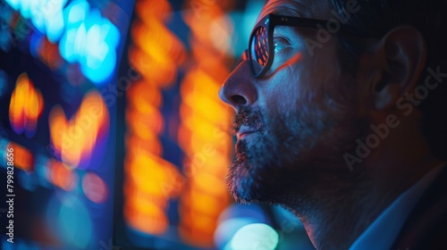 A man in glasses looking at a glowing screen of stock market data.