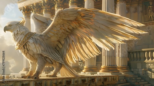 Majestic Winged Griffin Perched Atop an Ancient Greek Temple with Ornate Architectural Details and Marble Columns in Early Morning Light