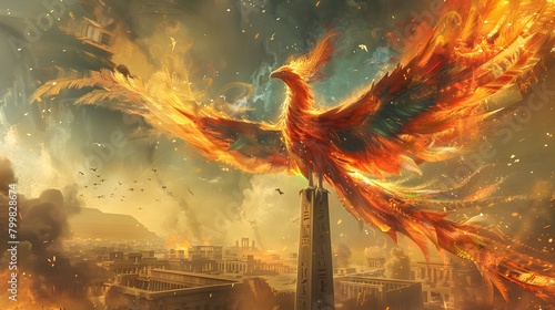 Magnificent Fiery Phoenix Perched Atop Towering Obelisk in Egyptian Sandstorm Scene