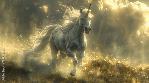 Majestic Mythical Unicorn Galloping Through Ethereal Landscape photo