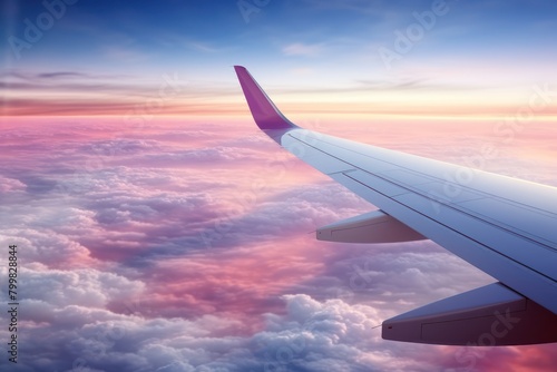 Aerial view of airplane wing during sunset