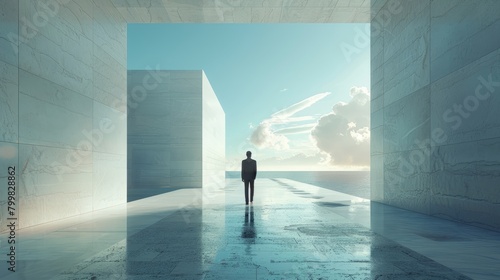 A man standing in a surreal hallway looking out at the ocean.