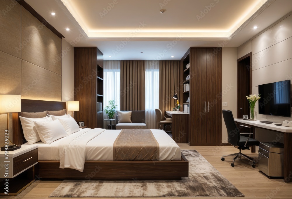 The interior bedroom features a designated area for work or study, blending comfort with functionality The interior bedroom features a designated area for work or study, blending comfort with functionality
