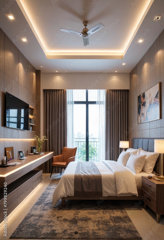 The interior bedroom features a designated area for work or study, blending comfort with functionality