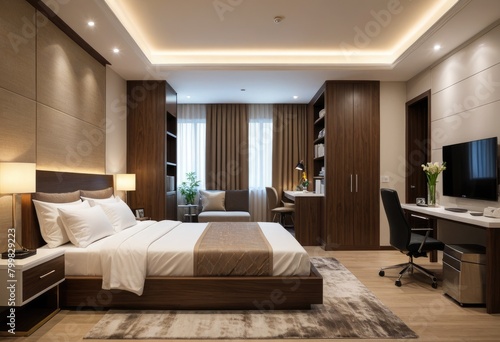 The interior bedroom features a designated area for work or study  blending comfort with functionality