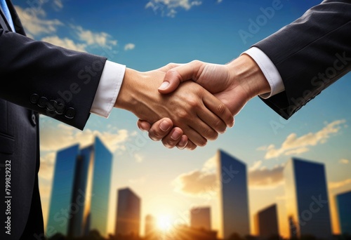 Two business people shake hands, symbolizing mutual agreement and trust in their partnership or deal