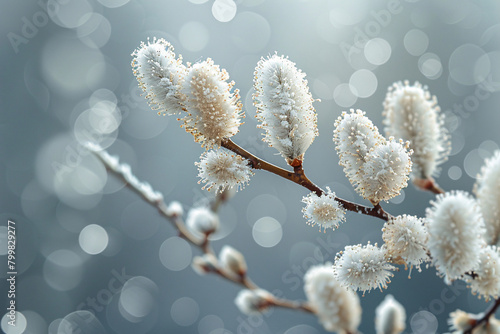 Close-up of pussy willow branches with fuzzy catkins against a bokeh background photo