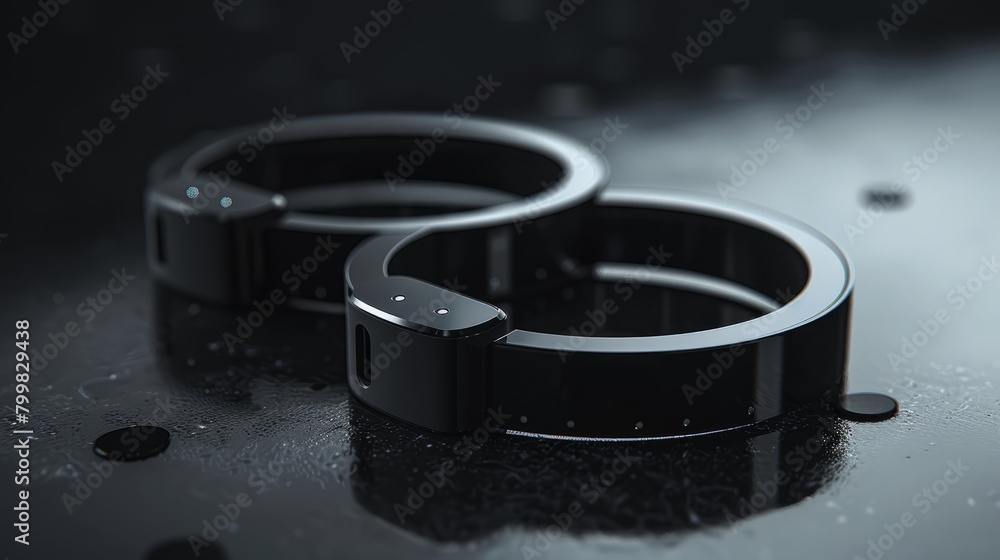 A pair of futuristic handcuffs made of metal with a digital display on the inside. A pair of futuristic handcuffs made of metal with a digital display on the inside.