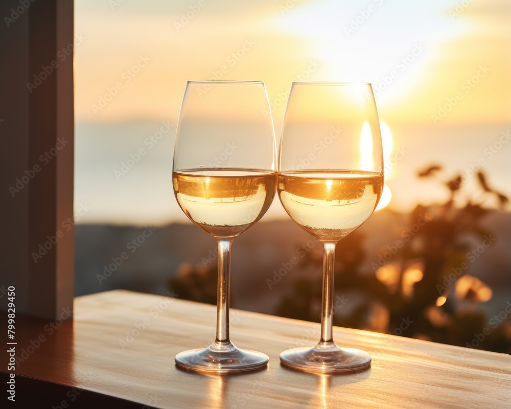 Sunset wine glasses on wooden table