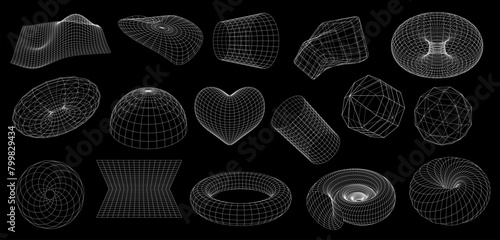 Wireframe shapes of 3D mesh grid in geometric abstract perspective, vector futuristic elements. 3D wireframe globe sphere, heart or spiral tunnel with torus, hemisphere and wormhole in wire frame wave