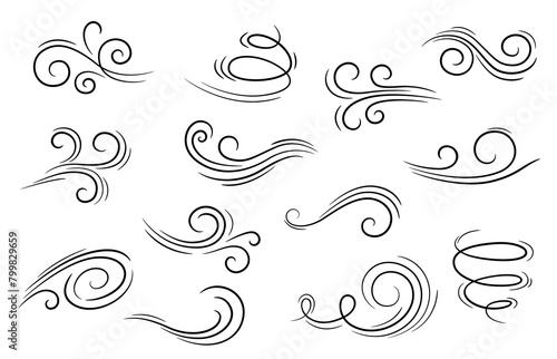 Doodle wind motion. Isolated vector set of abstract air swirls, blow waves, curve spirals in black colors, capturing the dynamic essence of movement and energy in a playful and artistic cartoon manner photo