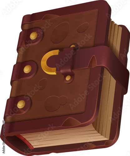 Ancient game book or fantasy magic manuscript and spellbook, vector cartoon GUI element. Wizard spell book in leather cover with closed buckle lock for old Medieval fantasy or mystery game UI