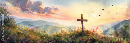 A vibrant watercolor painting depicting a wooden cross amidst a beautifully rendered sunset landscape
