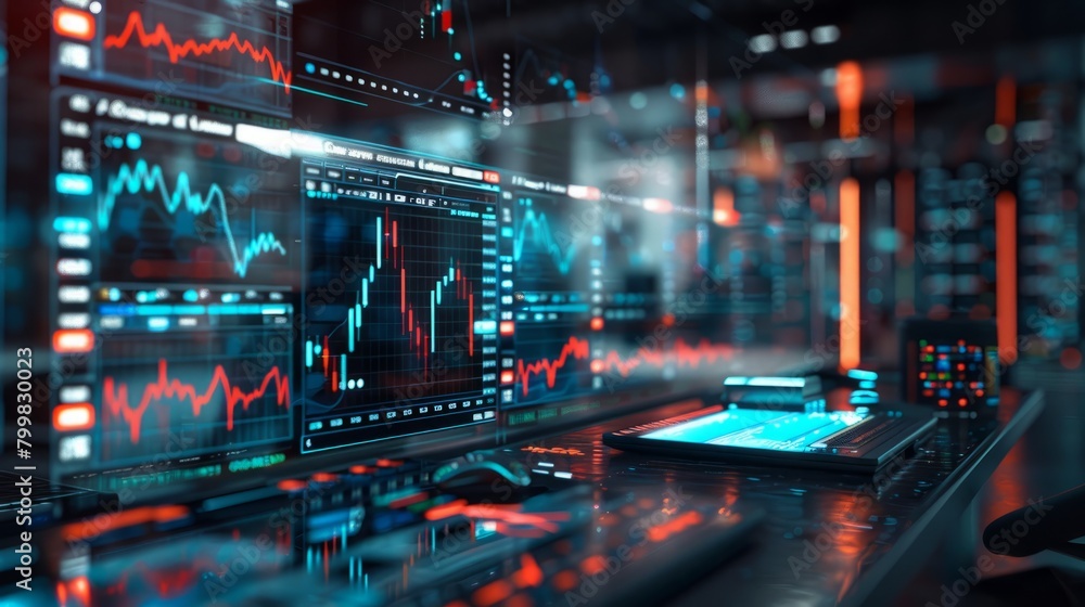 A room full of monitors displaying stock market data. A room full of monitors displaying stock market data.
