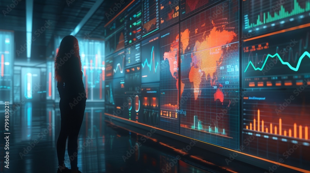 A woman standing in front of a large futuristic screen with graphs and data.