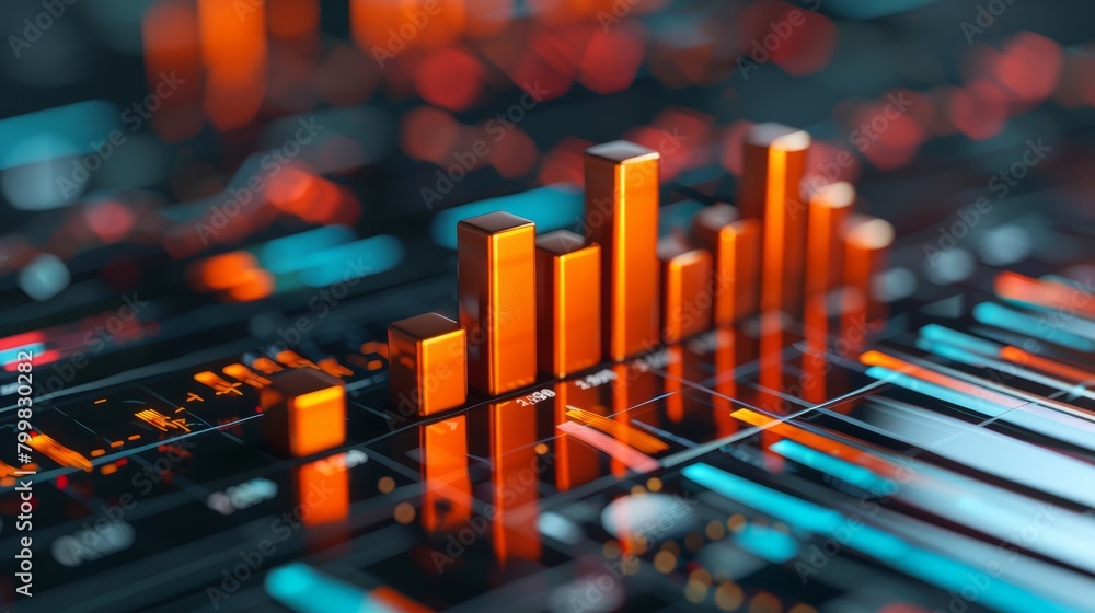 Abstract 3D render of glowing orange and blue bar graph with circuit board in the background. Abstract 3D render of glowing orange and blue bar graph with circuit board in the background.