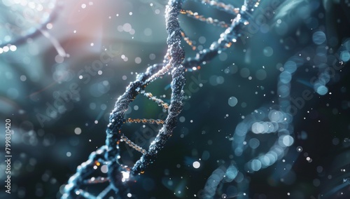 Abstract DNA structure on a blue background with a glowing effect