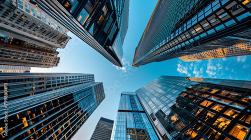 A city skyline with tall buildings and a clear blue sky. The buildings are all made of glass and are lit up at night. The scene is one of awe and wonder at the impressive architecture