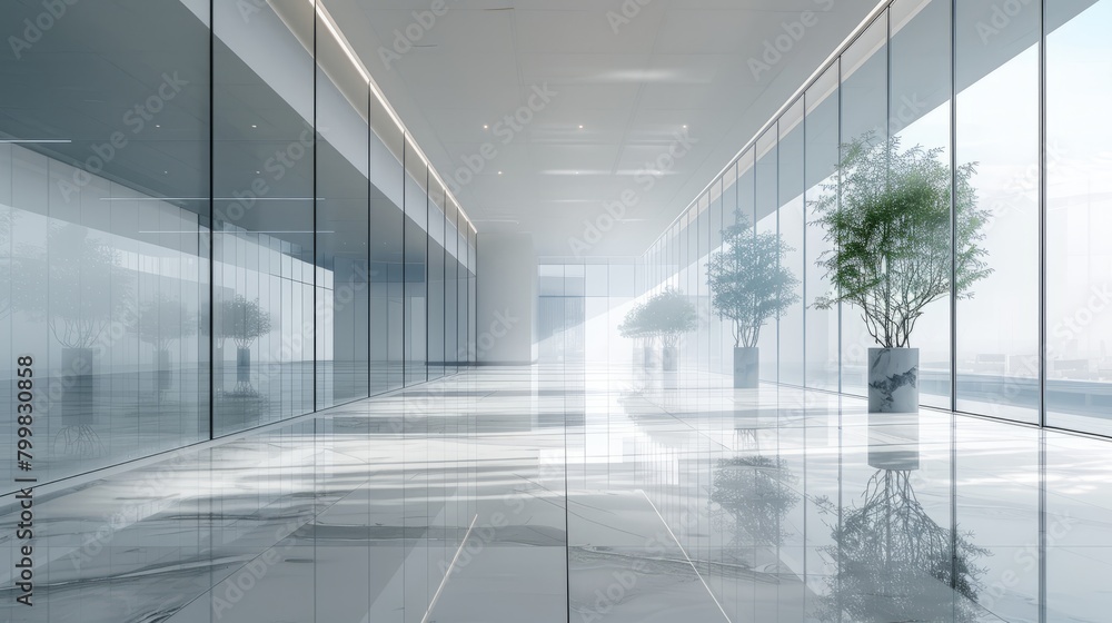 An empty modern office hallway with large windows and marble floors An empty modern office hallway with large windows and marble floors