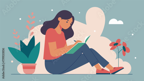 A woman sitting in a quiet corner using a stressrelief journal to write down her thoughts and reflect on ways to manage her stress.. Vector illustration