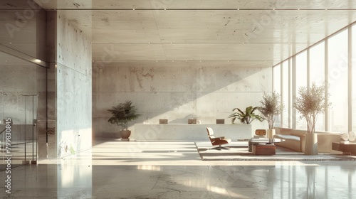 An empty hotel lobby with a large concrete wall and large windows