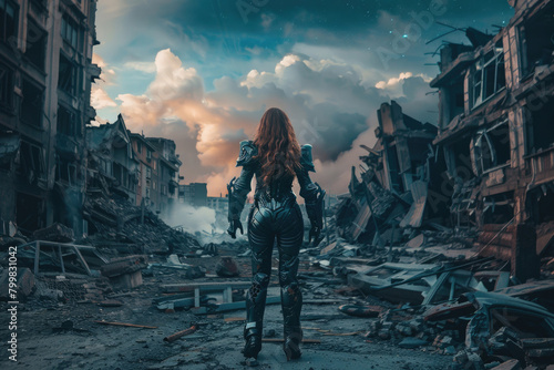 A young woman in futuristic battle armor, standing on a destroyed street after a cosmic war