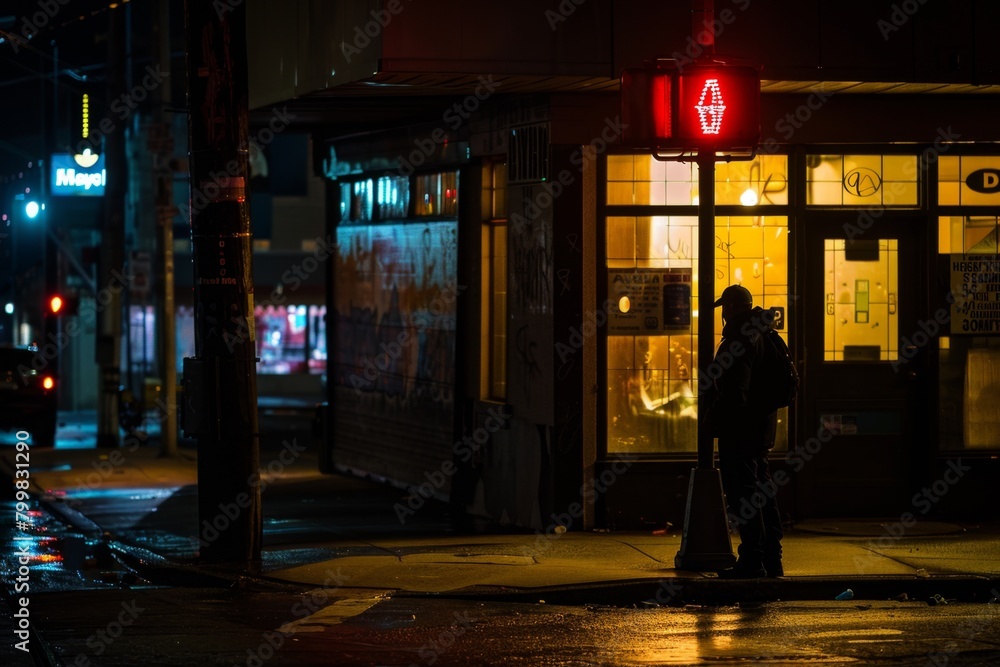 Nighttime scene of a man standing on a sidewalk in front of a store