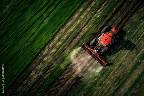 Aerial perspective of tractor applying pesticides with field sprayer in action. Concept Agricultural Machinery, Pesticide Spraying, Aerial Photography