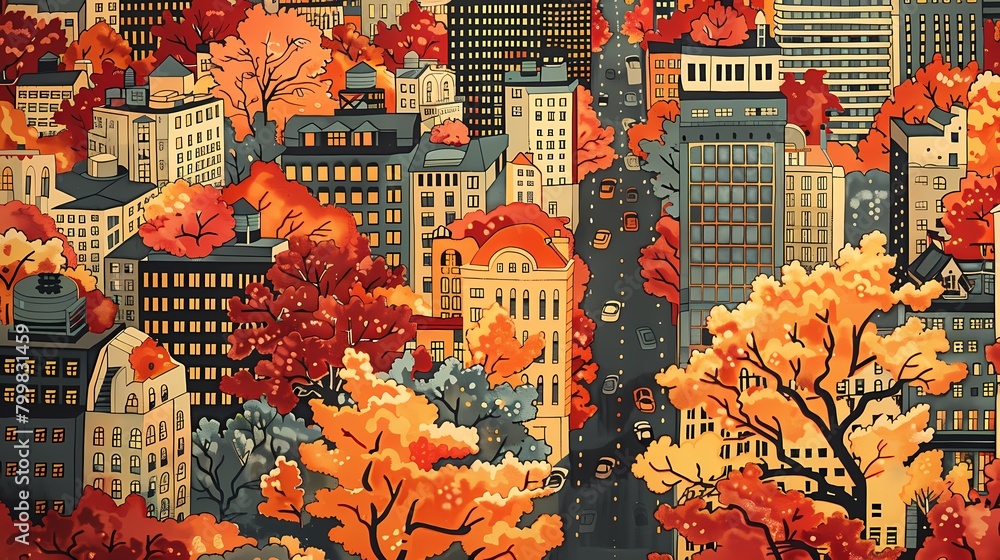 Fototapeta premium Autumn street scene illustration poster background