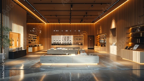 An inviting retail space with warm wood tones, marble floors, and a variety of products displayed on shelves and tables.
