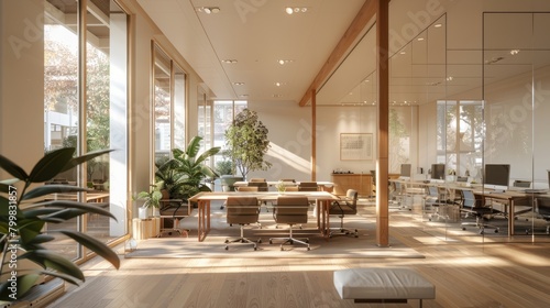 An open-plan office with large windows, wooden floors, and lots of plants photo