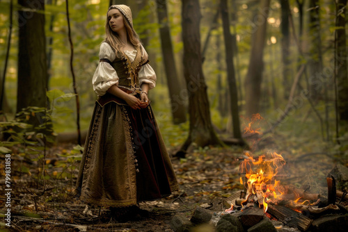 A young woman in medieval attire, standing by a campfire in a forest © Veniamin Kraskov