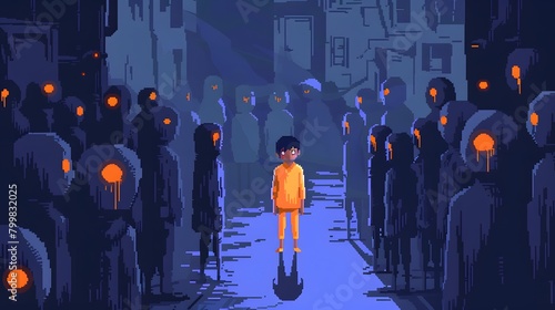 Pixel Art Scene Depicting a Public Apology, Expressing the Concept of Shame photo
