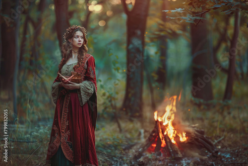 A young woman in medieval attire  standing by a campfire in a forest