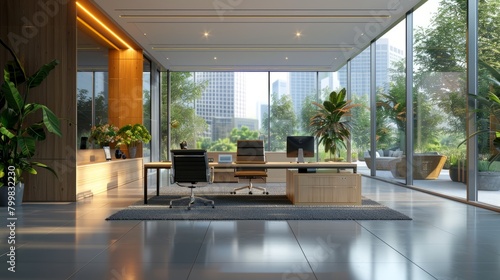 An ultramodern office with a large glass window looking out onto a city skyline. There are two black leather chairs in front of a wooden desk. The floor is made of polished concrete. © Sodapeaw