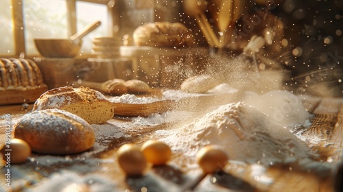 Artisan bread and baguettes on a wooden table in a bakery.