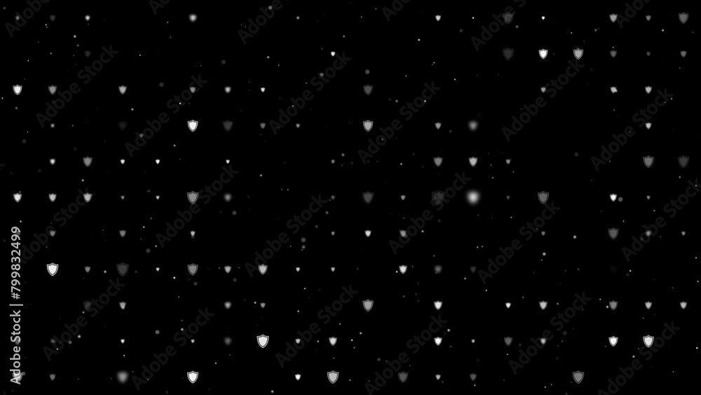Template animation of evenly spaced shield symbols of different sizes and opacity. Animation of transparency and size. Seamless looped 4k animation on black background with stars Template animation of evenly spaced shield symbols of different sizes and opacity. Animation of transparency and size. Seamless looped 4k animation on black background with stars