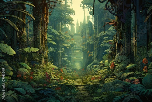 An otherworldly depiction of a cybernetic jungle filled with exotic flora and fauna