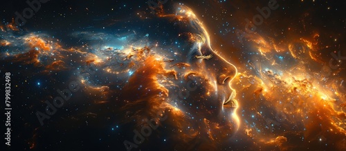 celestial being is rendered with a face of starlit nebulas and swirling galaxies,