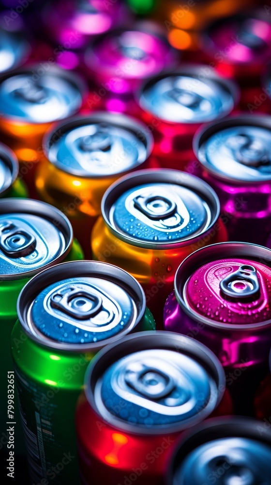Soft drink cans reflecting the light in a colorful array Soft drink cans reflecting the light in a colorful array