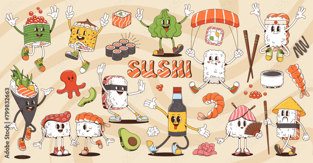 Cartoon retro groovy sushi and roll characters, japanese cuisine. Vector psychedelic hippie personages, wearing colorful bandanas and asian hats. Wasabi, ginger, soy sauce, sashimi in cool 70s vibe
