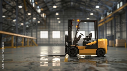 Modern forklift at big industrial warehouse. copy space for text.