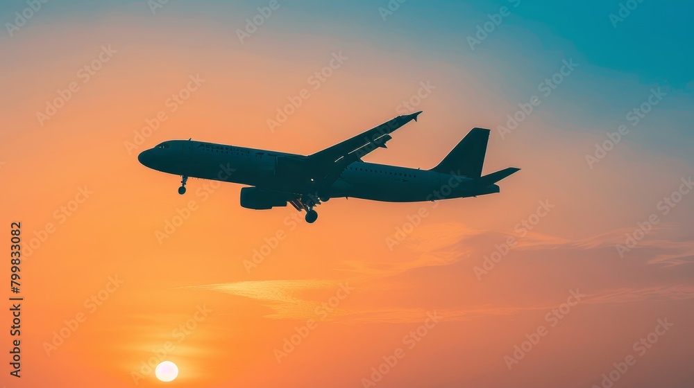 Commercial airliner soaring high in the sunset sky, stunning aerial view of flying passenger plane