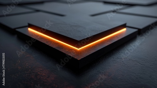 Black and orange glowing neon square pedestal podium on dark background. photo